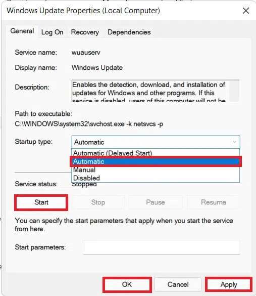 windows-update-service-properties-1-507x585 إصلاح التطبيقات التي لا يمكن فتحها في Windows 11