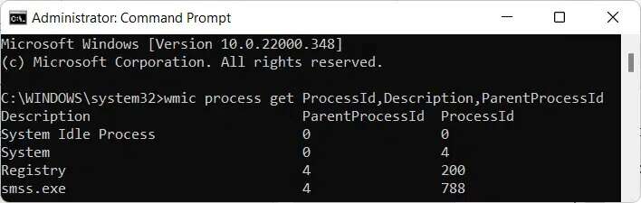 wmic-process-get-ProcessIdDescriptionParentProcessId-cmd-win11-708x225 كيفية عرض العمليات الجارية في Windows 11