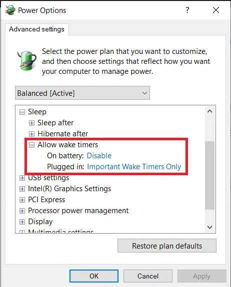 2-click-allow-wake-timers-and-choose-disable-from-462x575 إصلاح عدم عمل وضع السكون في Windows 10