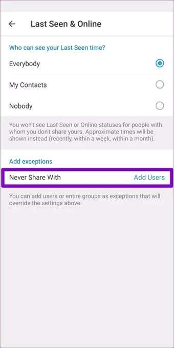 Add-Exceptions-on-Telegram_7c4a12eb7455b3a1ce1ef1cadcf29289-340x680 إخفاء آخر ظهور لك على Telegram