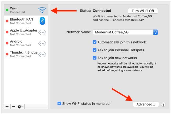 Click-on-Advanced-button-from-the-Wi-Fi-menu كيفية تحديد أولويات شبكات Wi-Fi على جهاز Mac