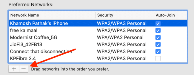 Click-on-Minus-button-to-remove-a-network-from-the-preffered-list كيفية تحديد أولويات شبكات Wi-Fi على جهاز Mac