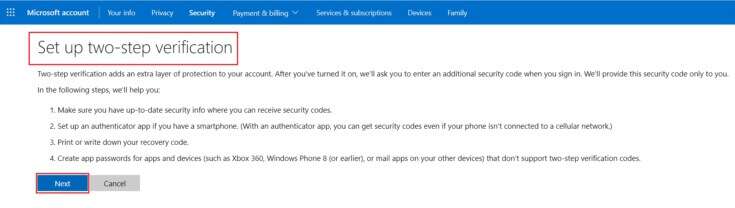 Click-on-Next-button-to-Set-up-two-step-verification-735x208-1-735x208 كيفية إصلاح استمرار Xbox One في تسجيل الخروج