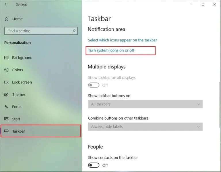 Clicks-Turn-system-icons-on-or-off-768x598-1-768x598 إصلاح عدم عمل التحكم في مستوى الصوت على Windows 10