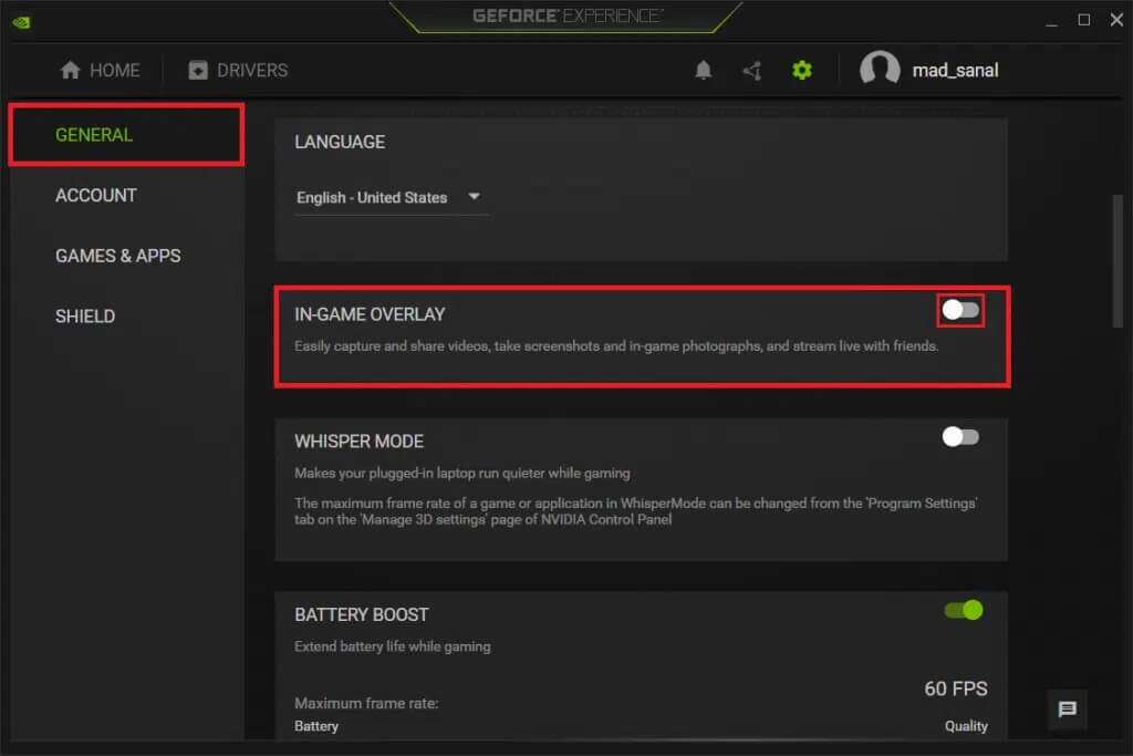 Go-to-GENERAL-menu-and-switch-On-the-toggle-for-IN-GAME-OVERLAY-in-NVIDIA-GeForce-Experience-settings-Windows-11-1024x683-1-1024x683 إصلاح عدم تحميل تخصيص Halo Infinite في Windows 11