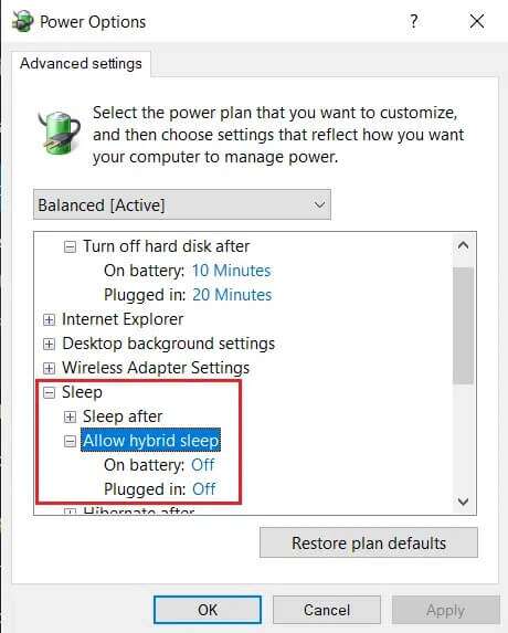In-the-Advanced-Settings-expand-the-Sleep-option-then-expand-Allow-hybrid-sleep-turn-Off-for-both-on-battery-and-plugged-in-options-for-Power-Option-window-460x573 إصلاح عدم عمل وضع السكون في Windows 10