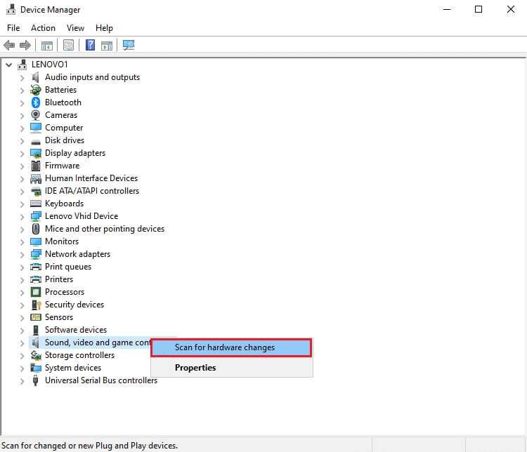 Right-click-on-the-screen-and-select-Scan-for-hardware-changes-750x644 إصلاح عدم عمل التحكم في مستوى الصوت على Windows 10