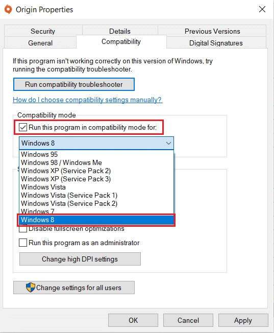Select-the-Windows-version-for-Run-this-program-in-compatibility-mode-for-in-Origin-Compatibility-Properties-537x652 كيفية إصلاح عدم فتح Origin على Windows 10