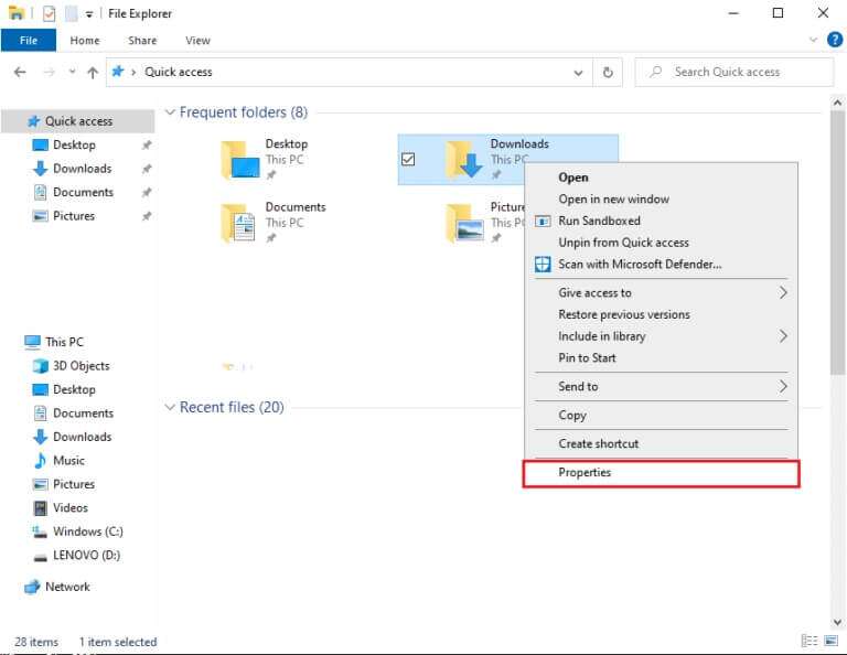 Select-the-downloads-folder-from-quick-access-and-make-a-right-click-to-open-properties-768x594-1-768x594 كيفية إصلاح خطأ رفض الوصول في Windows 10