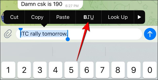Tap-the-BIU-option-in-formatting-menu-in-Telegram-iPhone كيفية استخدام تنسيق Spoiler للرسائل في Telegram