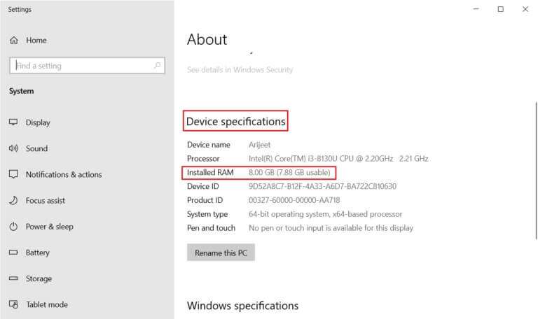 View-Installed-RAM-size-in-Device-Specifications-section-on-About-my-PC-menu-768x456-1-768x456 إصلاح استخدام WSAPPX للقرص العالي في Windows 10