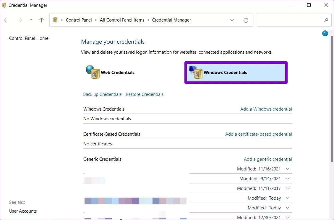 Windows-Credentials_4d470f76dc99e18ad75087b1b8410ea9-1130x746 أفضل 7 طرق لإصلاح استمرار Outlook في طلب كلمة المرور على Windows 10 و Windows 11