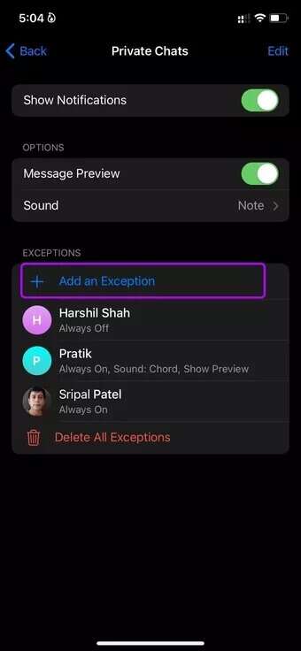 add-exeption-in-telegram_7c4a12eb7455b3a1ce1ef1cadcf29289-340x736 كيفية تعيين أصوات إشعارات مخصصة لتطبيقات المراسلة على iPhone