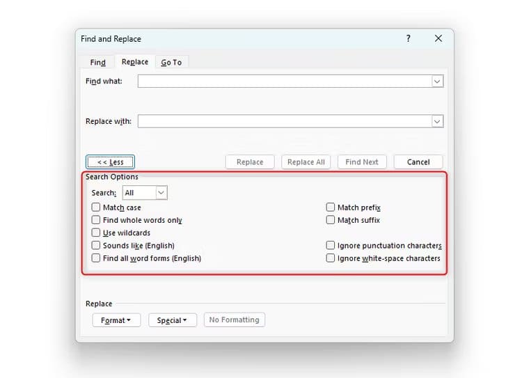 advanced-search-options كيفية البحث عن النص واستبداله ( البحث والاستبدال ) في Microsoft Word