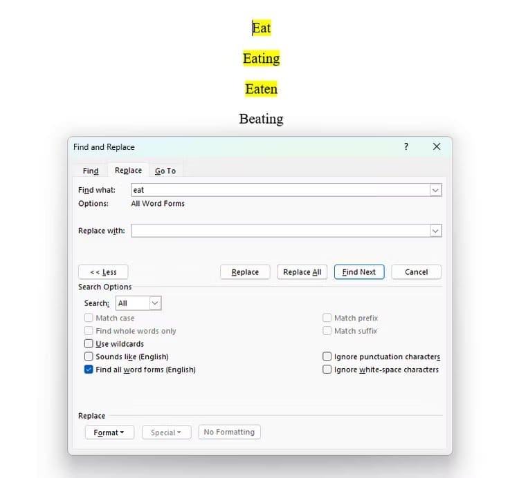 all-word-forms كيفية البحث عن النص واستبداله ( البحث والاستبدال ) في Microsoft Word