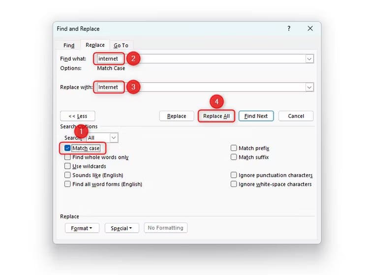 case كيفية البحث عن النص واستبداله ( البحث والاستبدال ) في Microsoft Word
