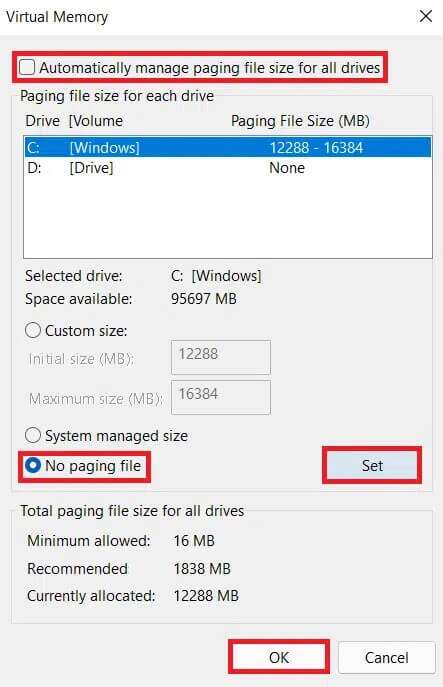 check-Automatically-manage-paging-file-size-for-all-drives-and-select-No-paging-file-option-and-click-on-Set-button-in-Virtual-Memory-window-443x687 إصلاح عدم تحميل تخصيص Halo Infinite في Windows 11