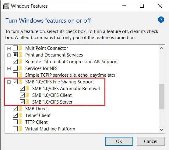 check-the-boxes-for-all-the-sub-items-namely-smb-555x491 إصلاح عدم ظهور أجهزة الكمبيوتر على الشبكة في Windows 10