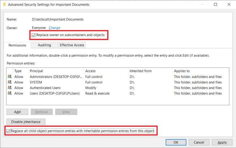 check-the-boxes-replace-owner-on-subcontainers-and-768x481-1-768x481 كيفية إصلاح خطأ رفض الوصول في Windows 10