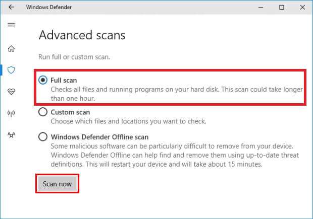 choose-full-scan-in-the-following-window-and-click-620x435 كيفية إصلاح عدم عمل شاشة اللمس في Windows 10