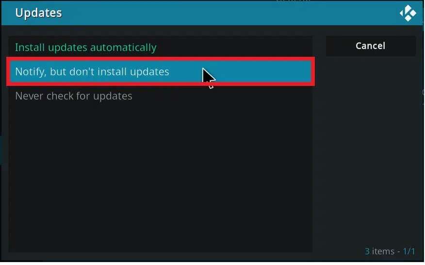 choose-the-option-notify-but-dont-install-update-876x546 إصلاح استمرار تعطل Kodi عند بدء التشغيل