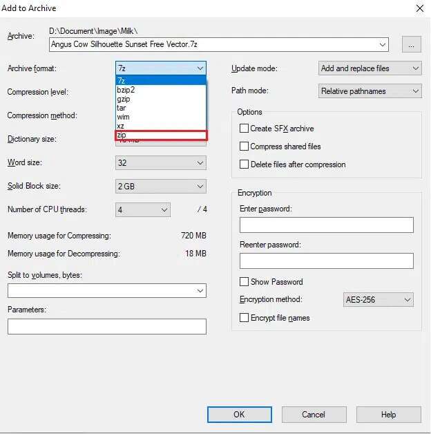 click-archive-format-drop-down-list-and-choose-zip-624x628 كيفية تشفير مجلد في Windows 10