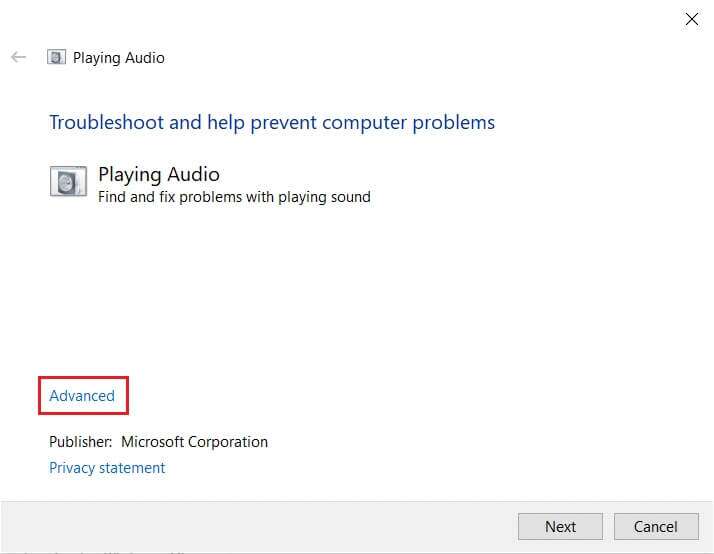 click-on-Advanced-option-in-Playing-Audio-Troubleshooter-1-714x554 إصلاح عدم عمل التحكم في مستوى الصوت على Windows 10