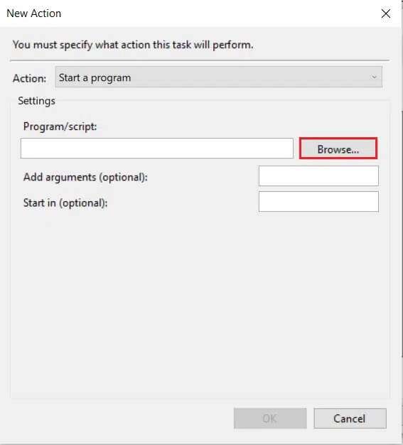 click-on-Browse-button-in-New-Action-window-for-Create-Task-in-Task-Scheduler-567x626 كيفية ضبط الإنذارات في Windows 10