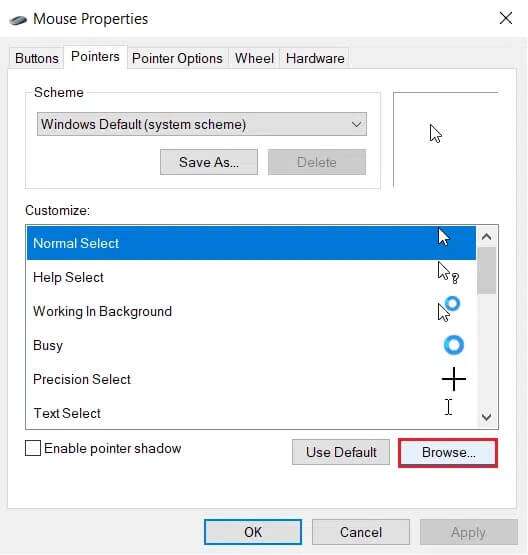 click-on-Browse-button-to-manually-select-pointers-in-Mouse-Properties-Pointers-tab-528x555 إصلاح عدم عمل Touchpad Scroll على Windows 10