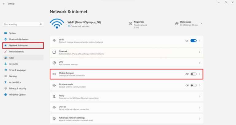 click-on-Network-and-internet-menu-and-select-Mobile-hotspot-option-in-Windows-11-768x407-1-768x407 كيفية تمكين أو تعطيل Mobile Hotspot في نظام التشغيل Windows 11