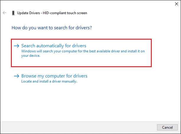 click-on-Search-automatically-for-drivers-in-HID-compliant-touch-screen-Update-driver-wizard-613x453 كيفية إصلاح عدم عمل شاشة اللمس في Windows 10