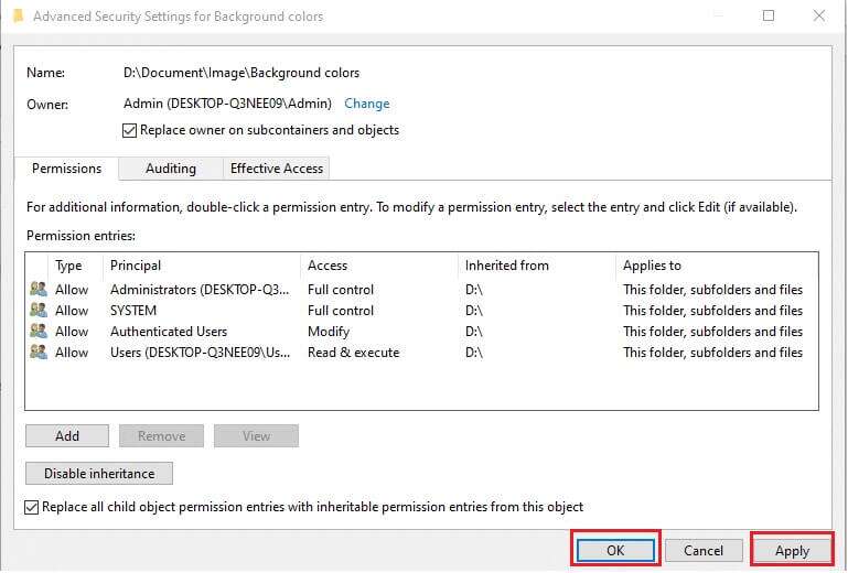 click-on-apply-followed-by-ok-to-save-the-changes--769x520 كيفية إصلاح خطأ رفض الوصول في Windows 10