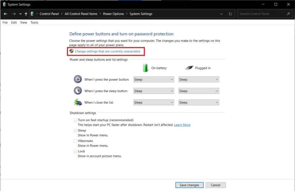 click-on-change-settings-that-are-currently-unavai-1024x662-1-1024x662 إصلاح عدم عمل وضع السكون في Windows 10