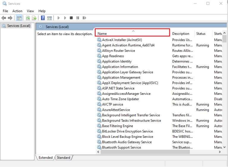 click-on-name-to-sort-the-services-768x562-1-768x562 إصلاح عدم عمل التحكم في مستوى الصوت على Windows 10