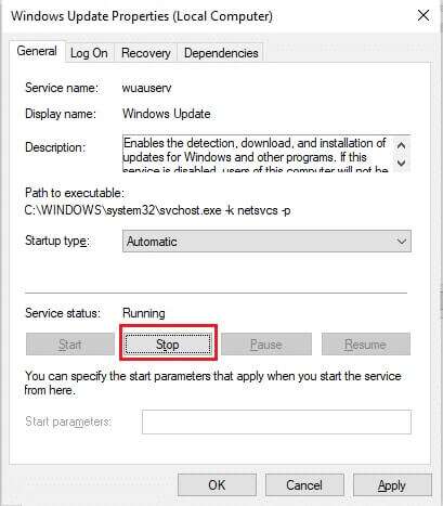 click-on-stop-if-the-service-status-is-running--409x467 كيفية إصلاح خطأ التحديث 0x80070002 على Windows 10