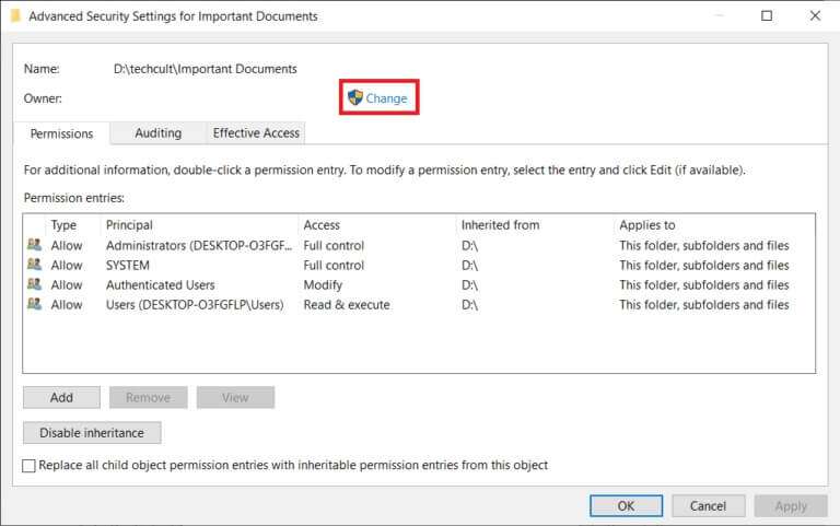click-on-the-change-hyperlink-in-line-with-the-own-768x481-1-768x481 كيفية إصلاح خطأ رفض الوصول في Windows 10