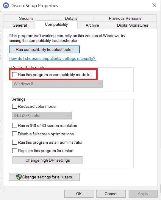 disable-run-this-program-in-compatibility-mode-for-541x668 كيفية إصلاح تجمد Discord