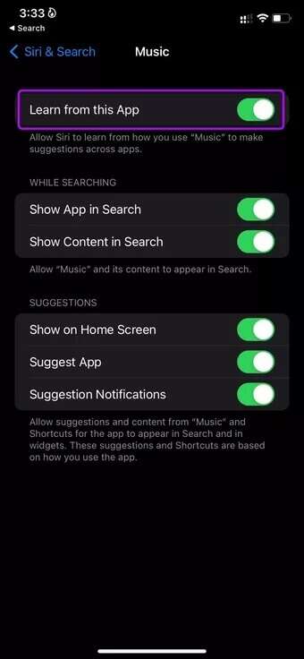 enable-learn-from-this-app-fix-siri-not-playing-songs-from-Apple-Music_7c4a12eb7455b3a1ce1ef1cadcf29289-340x736 أفضل 7 طرق لإصلاح عدم تشغيل Siri للموسيقى من Apple Music