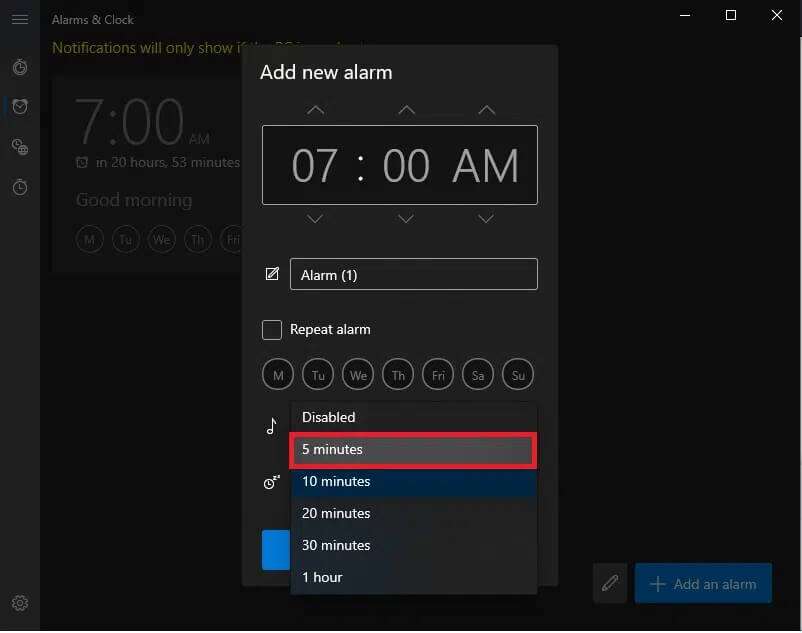 finally-set-the-snooze-time-from-the-drop-down-ne-802x633 كيفية ضبط الإنذارات في Windows 10