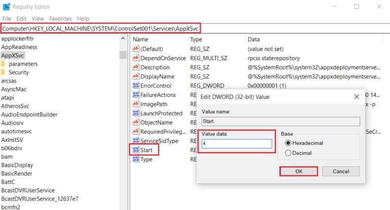 go-to-AppXSVC-location-in-Registry-Editor-and-double-click-on-Start-to-edit-DWORD-value-data-to-4-768x413-1-768x413 إصلاح استخدام WSAPPX للقرص العالي في Windows 10