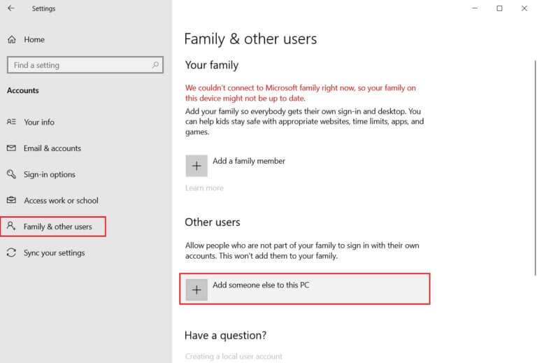go-to-Family-and-other-users-menu-and-click-on-add-someone-else-to-this-PC-option-768x519-1-768x519 كيفية إصلاح خطأ رفض الوصول في Windows 10