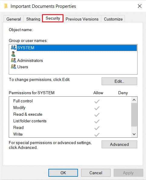 go-to-Security-tab-in-Important-Documents-folder-properties-483x596 كيفية إصلاح خطأ رفض الوصول في Windows 10
