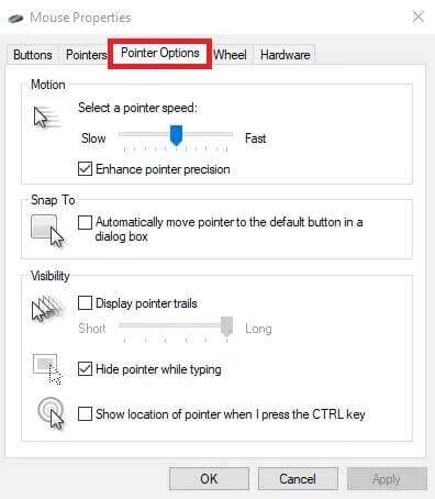 go-to-pointer-options-tab-of-the-mouse-properties-396x454 كيفية تعطيل تسريع الماوس في Windows 10