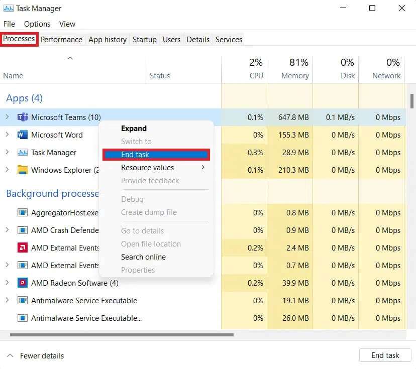 go-to-the-processes-tab-and-right-click-on-a-process-e.g.-Microsoft-Teams-and-select-End-task-Task-Manager-in-Windows-11-828x735 إصلاح عدم تحميل تخصيص Halo Infinite في Windows 11