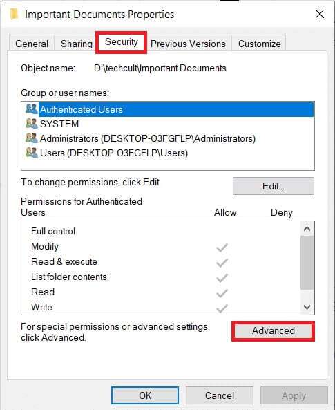 go-to-the-security-tab-and-click-on-the-advanced-b-485x593 كيفية إصلاح خطأ رفض الوصول في Windows 10