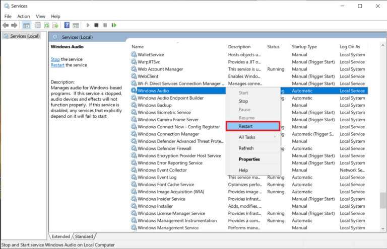 if-the-service-status-reads-running-right-click-o-768x495-2-768x495 إصلاح عدم عمل التحكم في مستوى الصوت على Windows 10
