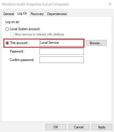 if-yes-go-to-log-on-tab-click-this-account-and-401x465 كيفية إصلاح عدم عمل خدمة الصوت على Windows 10