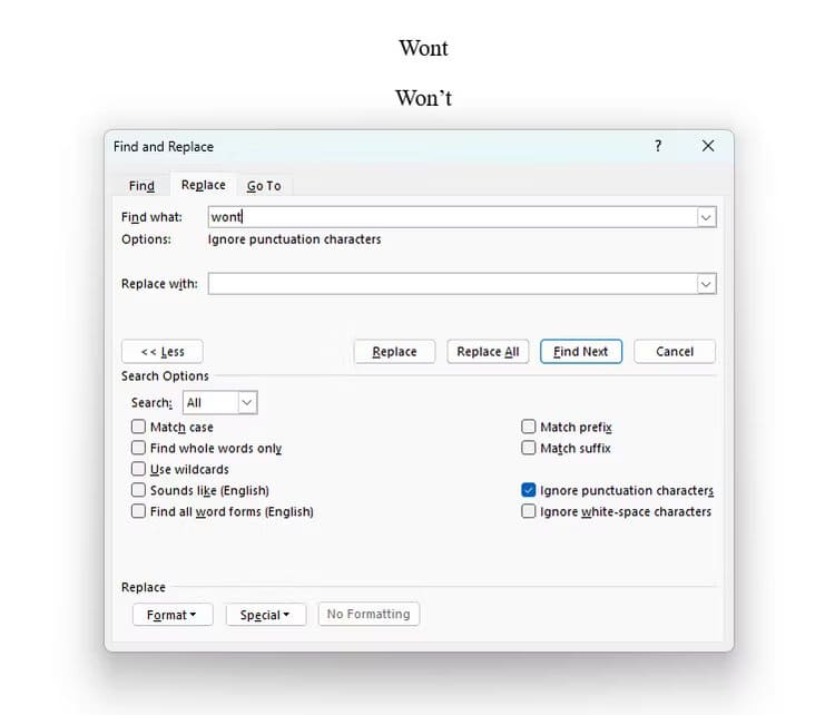 ignore-punctuation كيفية البحث عن النص واستبداله ( البحث والاستبدال ) في Microsoft Word