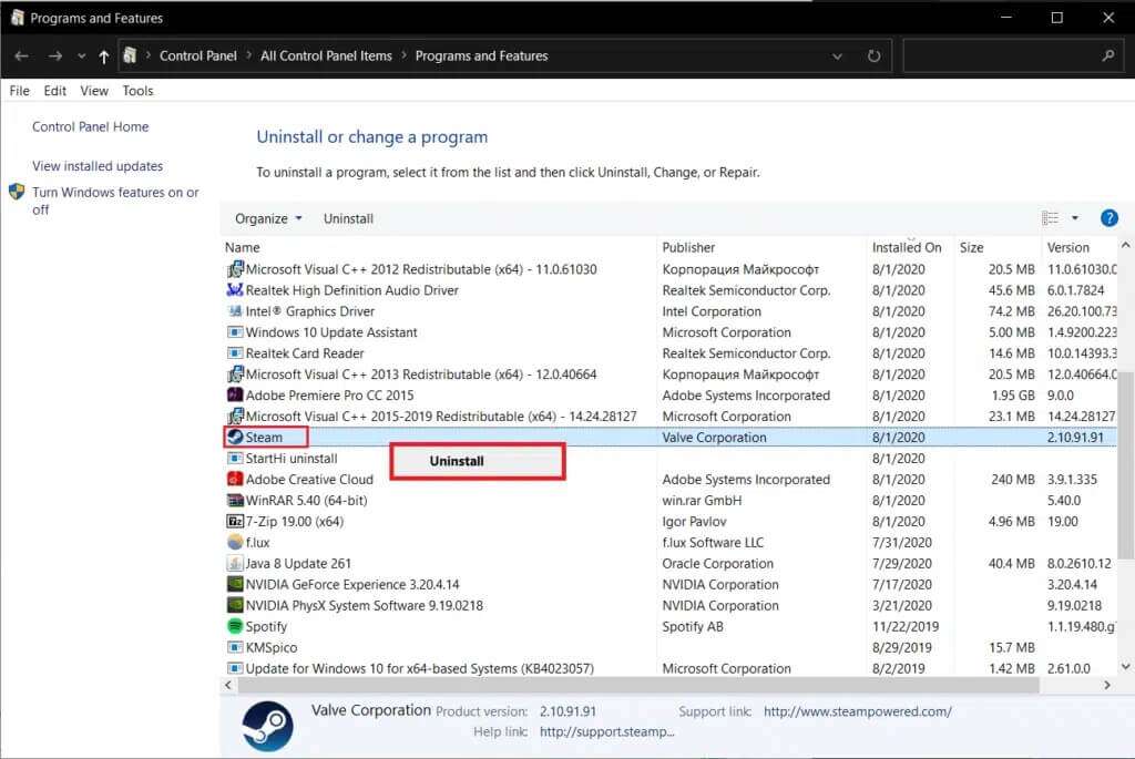 locate-steam-and-right-click-on-it-and-choose-unin-1024x685-1-1024x685 إصلاح رمز الخطأ Steam e502 l3 في Windows 10