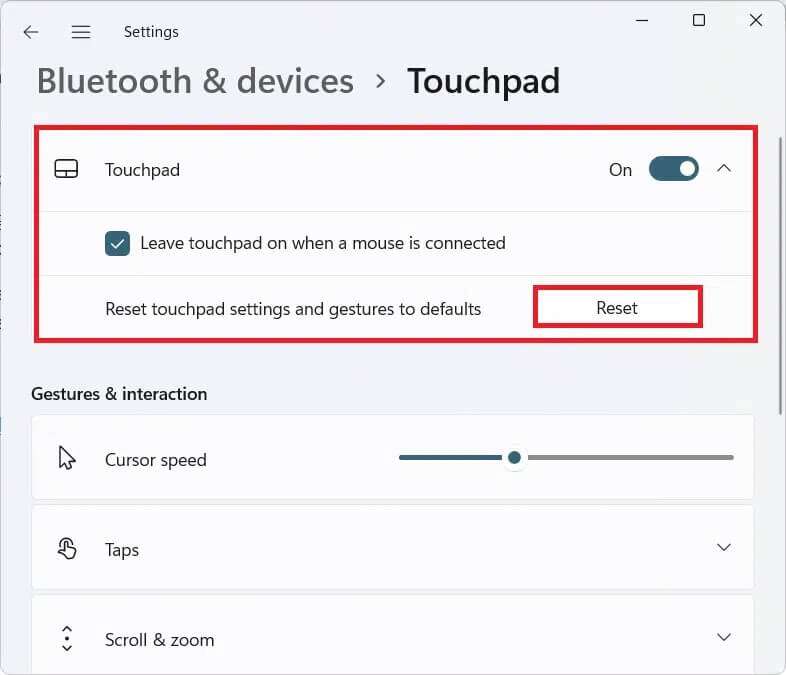 reset-option-in-touchpad-settings-section-786x675 كيفية تعطيل إيماءات لوحة اللمس في Windows 11